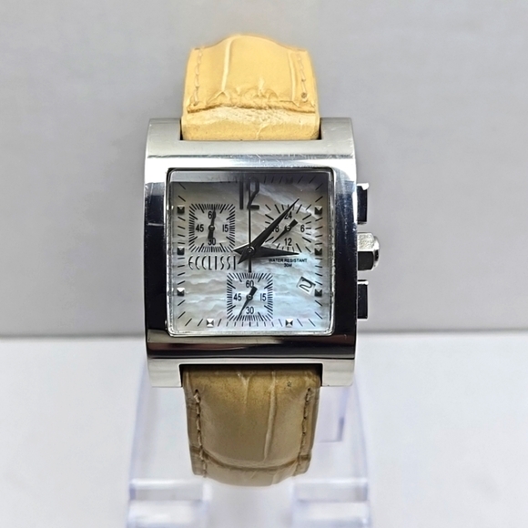 Ecclissi Chronograph Watch Unisex Silver Tone Date Tan Leather Band New Battery - Picture 1 of 11